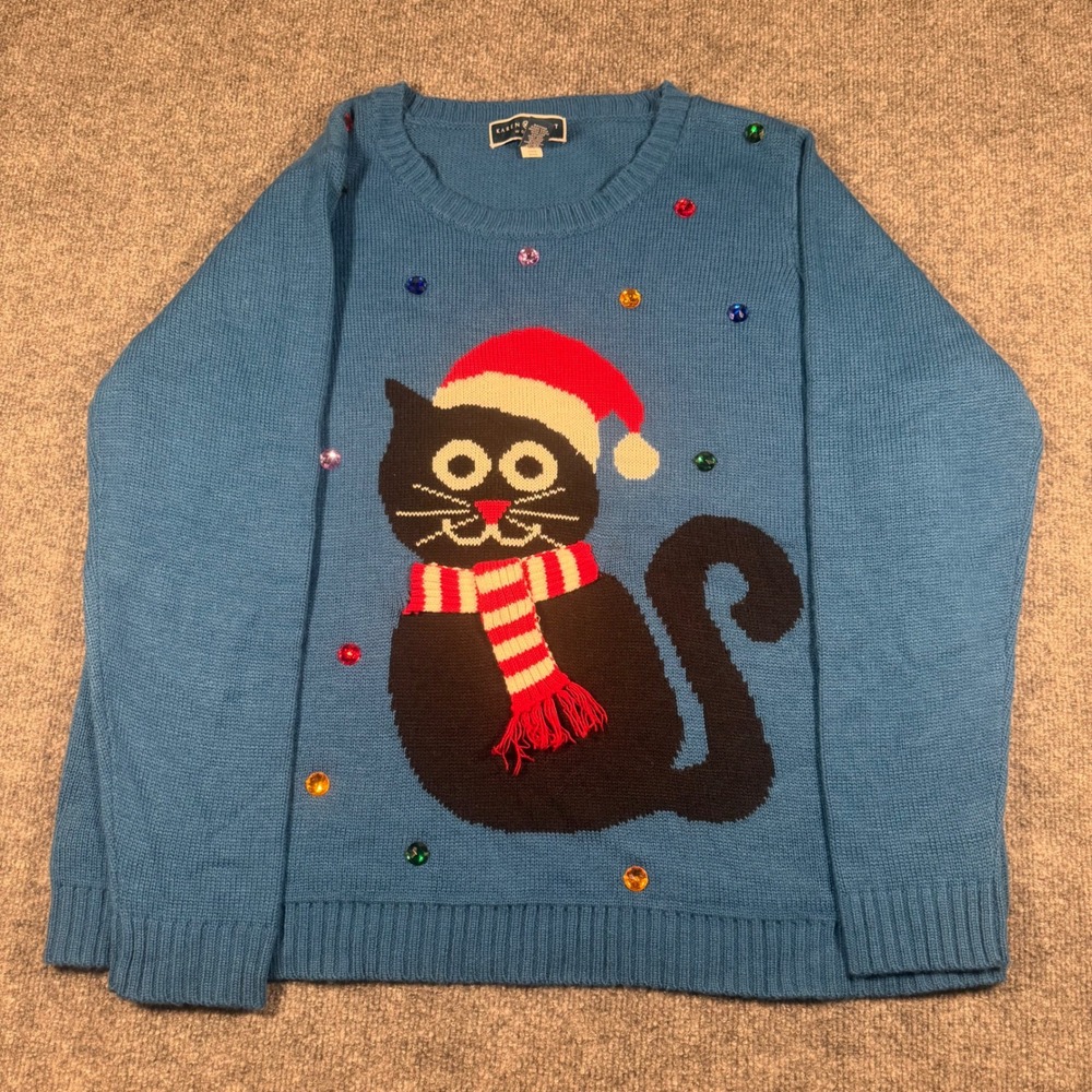 Karen Scott Woman Christmas Cat Sweater Acrylic Blue Rhinestone Santa Hat Sz 1X